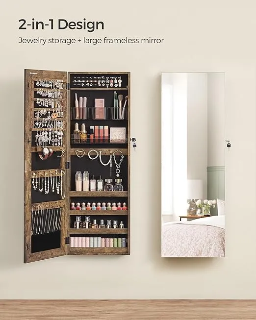 SONGMICS Jewelry Cabinet Armoire, Lockable Wall-Mounted Storage Organizer Unit with 2 Plastic Cosmetic Trays, Full-Length Frameless Mirror, Christmas Gifts, Textured Brown UJJC001X01