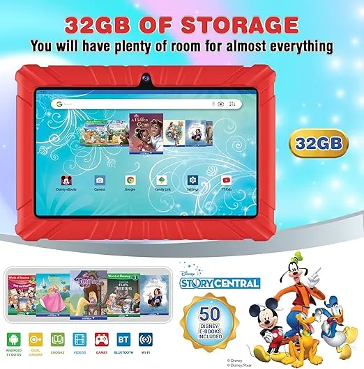 Contixo Kids Tablet V8-7-Inch HD Toddler Tablet with Camera, 32GB, Android 11, Parental Controls, Kid-Proof Case, 50+ Disney Storybooks & Stickers (2024 Model) - Red