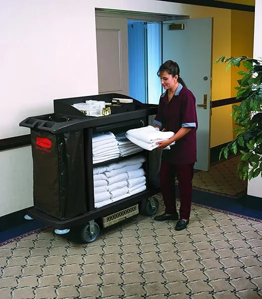 Rubbermaid Commercial Products Housekeeping Cart, Full Size, Black, 3 Shelves, Cleaning Organization and Supplies Storage, Maid Cart for Hotel/Motel/Commercial Facilities