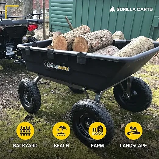 Gorilla Carts Heavy Duty Poly Yard Dump Cart Garden Wagon, Utility Wagon with Easy to Assemble Steel Frame, 1500 Pound Capacity, and 16 Inch Tires