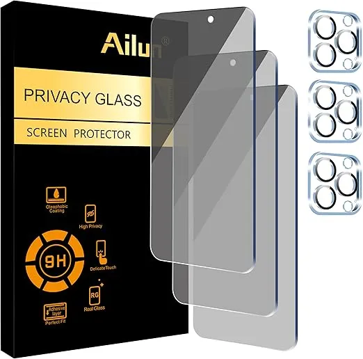 Ailun 3Pack Privacy Screen Protector for iPhone 15 Pro [6.1 inch]+3Pack Camera Lens Protector,Sensor Protection,Dynamic Island Compatible,Anti Spy Private Tempered Glass[9H Hardness]-HD[6 Pack]