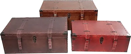 Deco 79 Wood Decorative Trunk Nesting Upholstered Decorative Large Boxes with Vintage Accents and Studs, Set of 3 Storage Trunks 32", 29", 26"W, Brown