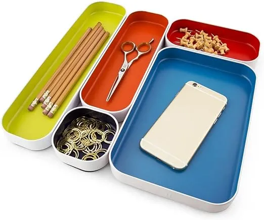 Three by Three Seattle 5 Piece Shallow Metal Organizer Tray Set for Storing Makeup, Stationery, Utensils, and More in Office Desk, Kitchen and Bathroom Drawers (1 Inch, Assorted Colors)