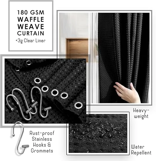 Clara Clark Bathroom Accessories Set - Bathroom Set, 20PC Bathroom Accessory Set, Black Shower Curtain Set, Toilet Brush, Trash Can & Soap Dispenser