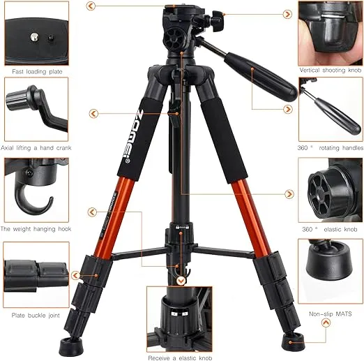 Compact Light Weight Travel Portable Aluminum Camera Tripod Q111 55" for Canon Nikon Sony DSLR Camera YouTube Phone with Carry Case (Orange)