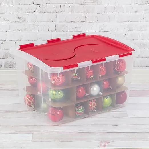 Sterilite 48 Quart Clear Stackable Holiday Christmas 45 Ornament Storage Box with Lid (6 Pack)