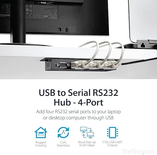 StarTech.com 4 Port USB to Serial RS232 Adapter - Wall Mount - Din Rail - COM Port Retention - FTDI USB to DB9 RS232 Hub , TAA (ICUSB2324I)