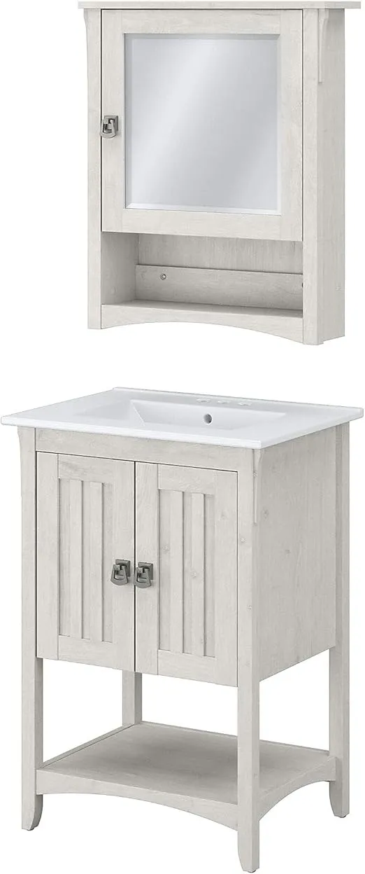 Bush Furniture Salinas Bathroom Vanity Sink and Medicine Cabinet with Mirror, 24W, Linen White Oak