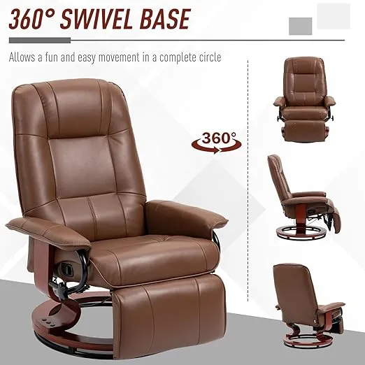 HOMCOM Faux Leather Manual Recliner, Adjustable Swivel Lounge Chair with Footrest, Armrest and Wrapped Wood Base for Living Room, Brown