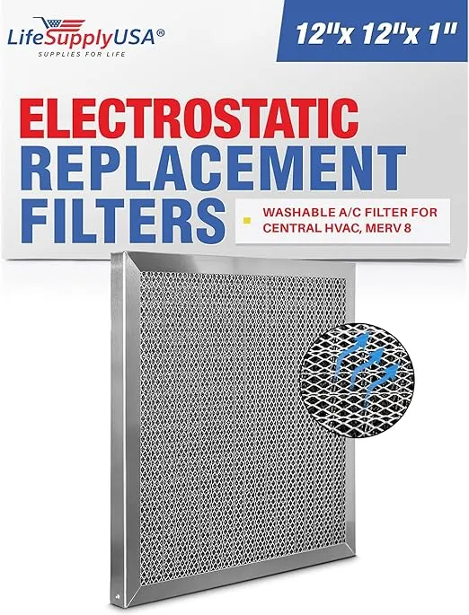 LifeSupplyUSA (12x12x1) Aluminum Electrostatic Air Filter Replacement Washable Air Purifier A/C Filter for Central HVAC, MERV 8, Energy Saving, Easy to Clean, Long-Lasting (1-Pack)