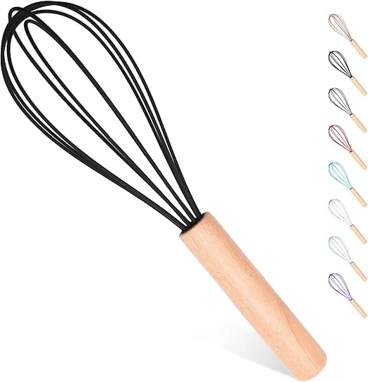 Silicone Whisk, Silicone Whisks with Wooden Handle, Whisks for Cooking, Heat Resistant Whisks for Non-Stick Cookware (Black)