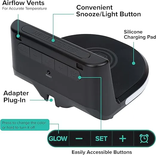 La Crosse Technology 617-84947-INT Wireless 5W Charging Alarm Clock with Glowing Base and Outdoor Sensor