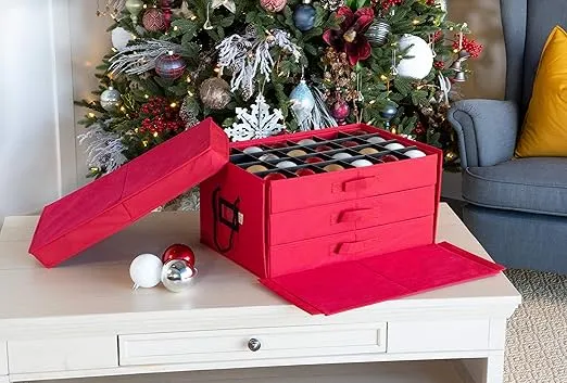 [Christmas Ornament Storage Box with Dividers] - (Holds 72 Ornaments up to 3 Inches in Diameter) | Acid-Free Removable Trays with Separators | 3 Removable Drawer Style Trays