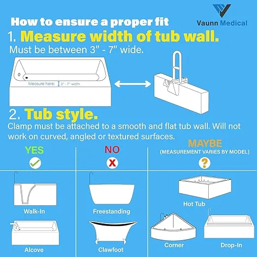 Vaunn Adjustable Bathtub Safety Rail Shower Grab Bar Handle, Stainless Steel, White