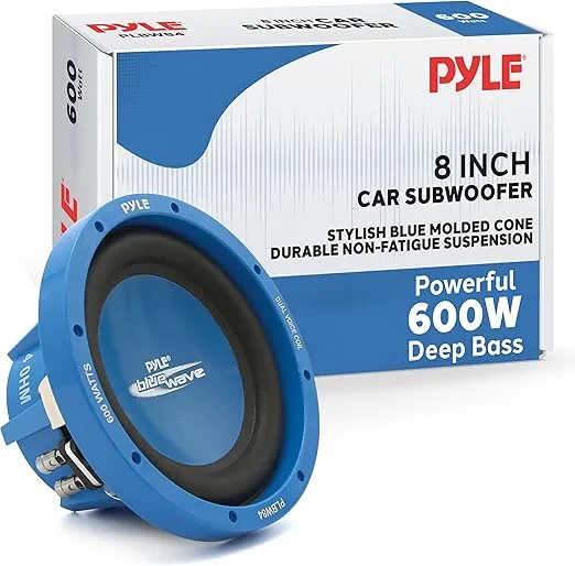 Pyle Car Vehicle Subwoofer Audio Speaker - 8 Inch Blue Injection Molded Cone, Blue Chrome-Plated Plastic Basket, Dual Voice Coil 4 Ohm Impedance, 600 Watt Power, Vehicle Stereo Sound System PLBW84