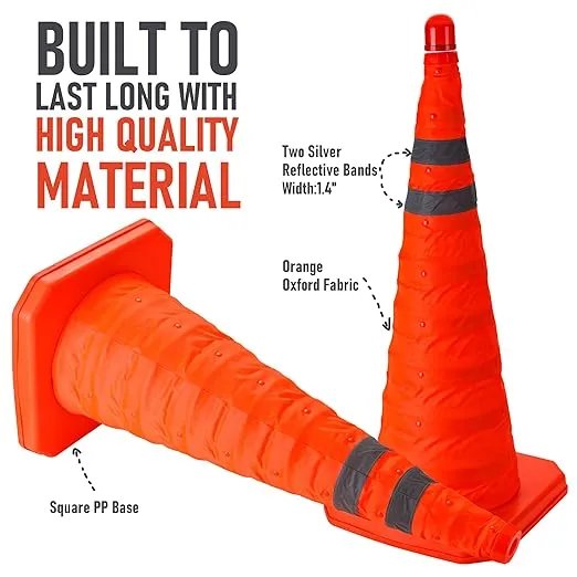 CARTMAN 4 Pack 28 Inch Collapsible Traffic Cones with LED Light, Multi Purpose Pop up Reflective Safety Cones, Pack of 4, Battery Included