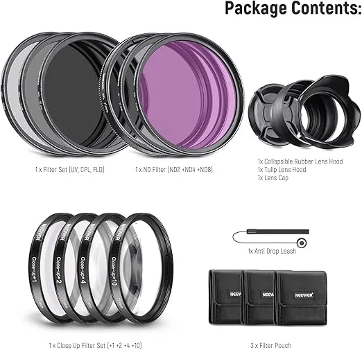 NEEWER 77mm ND/CPL/UV/FLD/Close Up Filter and Lens Accessories Kit with ND2 ND4 ND8, Close Up Filters(+1/+2/+4/+10), Tulip Lens Hood, Collapsible Rubber Lens Hood, Lens Cap, Filter Pouch