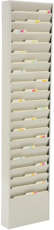 File Folder Wall Rack, 20 Pockets, Tiered, Office and Medical Charts (Putty, Powder Coated Steel)