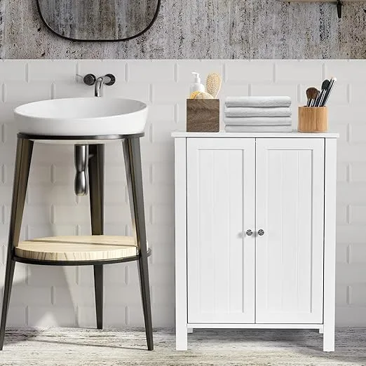 COSTWAY Bathroom Floor Cabinet - Freestanding Side Storage Organizer with Double Doors & Adjustable Shelf, Wooden Storage Cabinet for Living Room, Bedroom, Kitchen, Entryway (White)