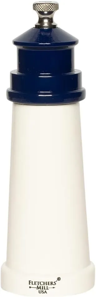 Fletchers' Mill Lighthouse Pepper Mill, White/Cobalt - 6 Inch, Adjustable Coarseness Fine to Coarse, MADE IN U.S.A.