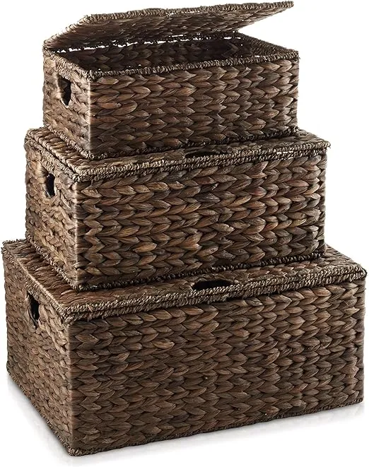 Casafield Set of 3 Water Hyacinth Rectangular Storage Baskets with Lids (Small/Medium/Large), Multipurpose Decorative Shelf Organization Totes for Bedroom, Bathroom, Laundry, Home Office