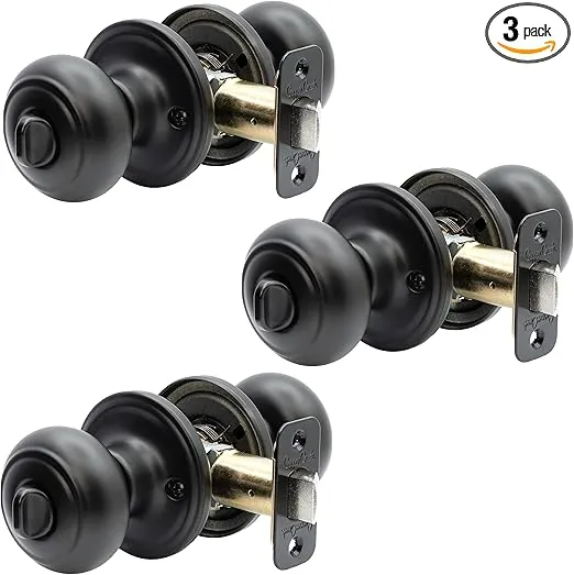 Copper Creek Matte Black Door Knobs - Round Colonial Knob with Privacy Locking Function for Home Improvement, 3 Pack - Fits All Standard Doors - Locking Door Knob for Bedroom and Bathroom Use