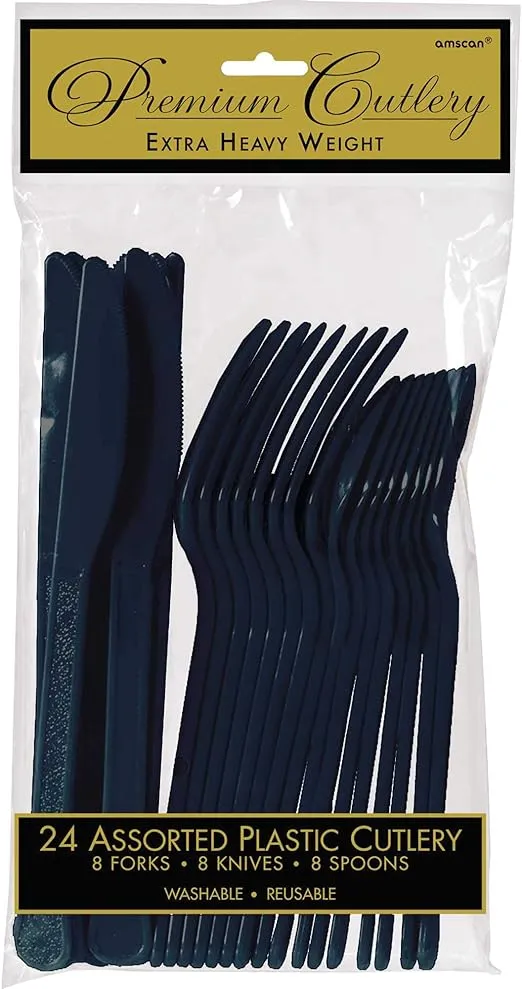 True Navy Plastic Heavy Weight Assorted Cutlery Set (24 Pc.) - Durable & Elegant Utensils, Perfect for Parties, Events, and Everyday Use