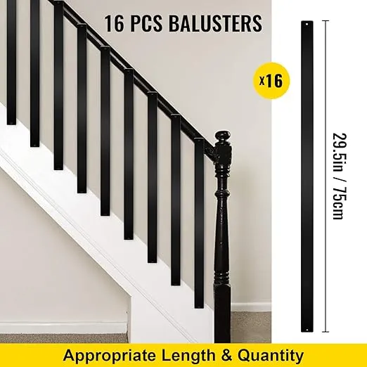 VEVOR Balusters 29.5 Inch-16 Pack Staircase with Screws Flat Aluminum Railing, for Outdoor Stair Deck Porch, Black