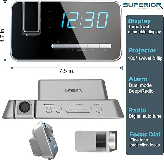 SUPERIOR ESSENTIALS Projection Alarm Clock with AM/FM Radio