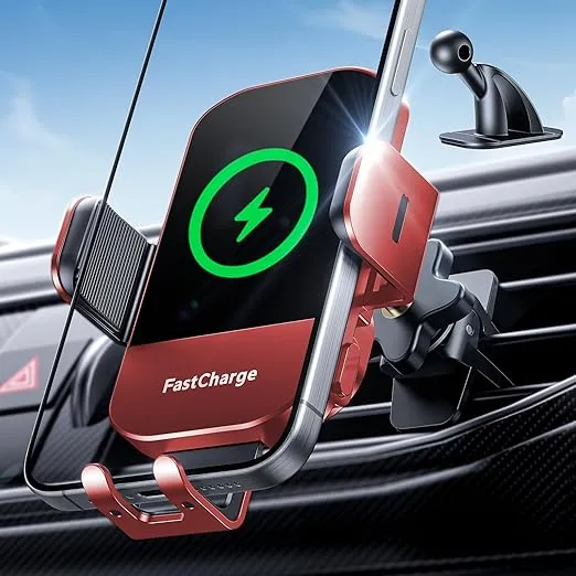 Wireless Car Charger, Phone Mount Holder Car Charger 15W Fast Charging Auto Clamping, Stick on The Dashboard for iPhone 15 14 13 12 11 Pro Max Xs, Samsung Galaxy S23 Ultra S22+ 21 S10+, Red