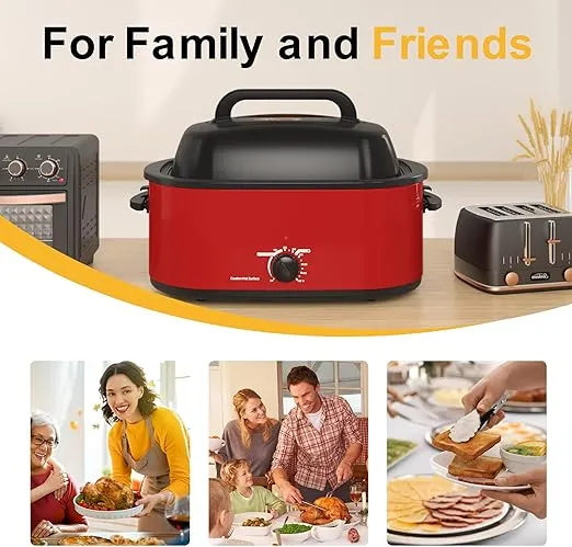 RoyalCraft 24-Quart Electric Roaster Oven with Visible Self-Basting Lid, Turkey Roaster Oven with Removable Pan and Rack, Perfect for Large Meals and Holiday Feasts, Red