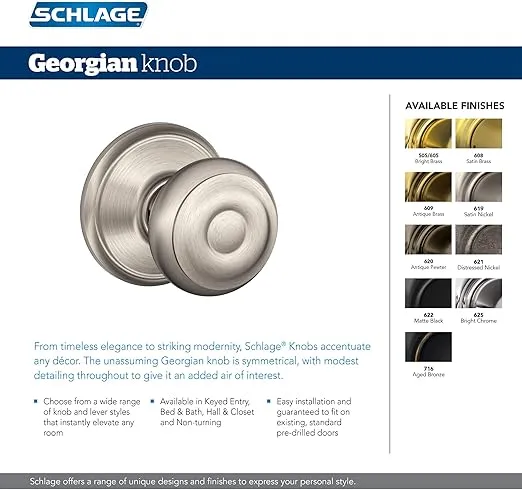 Schlage F170 GEO 622 ADD Georgian Door Knob with Addison Trim, One Sided Non-Turning Dummy Door Handle, Matte Black