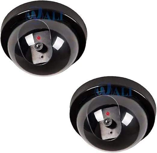 WALI Dummy Fake Security CCTV Dome Camera with Flashing Red LED Light with Security Alert Sticker Decals (SD-2), 2 Packs, Black