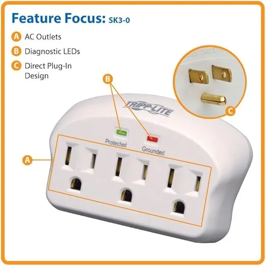 Tripp Lite 3 Outlet Portable Surge Protector Power Strip, Direct Plug In, $5,000 INSURANCE (SK3-0), Apple, Grey