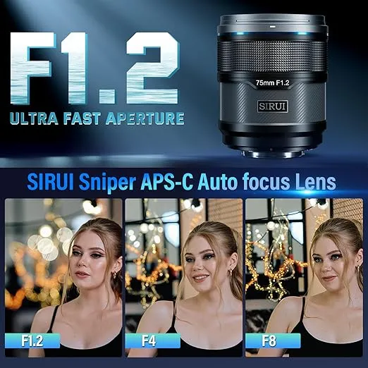 SIRUI Sniper 75mm Autofocus Lens, F1.2 Telephoto APS-C Camera Lens for A5 A6 A7 FX A9 ZV-E Series (E Mount, Black)