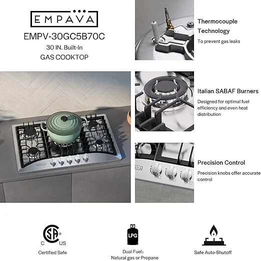 Empava 30 Inch Gas Cooktop with 5 World Class Made in Italy SABAF Burners, LPG/NG Convertible, Ideal RV Top Stoves for Kitchen, Stainless Steel