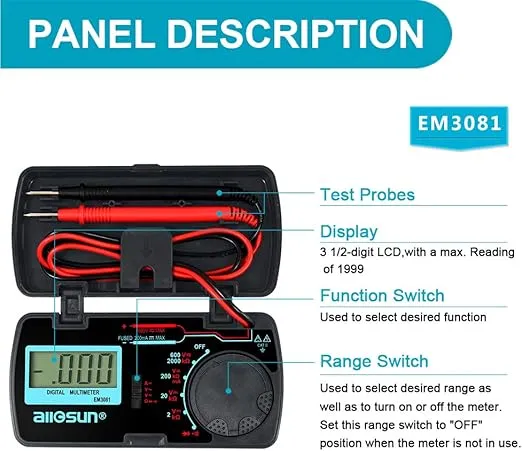 allsun Manual Range Mini Digital Multimeter 6 Functions Handheld Folding Voltmeter 3-1 2 Digit Pocket DMM DC/AC DC Ammeter Ohm Continuity Diode Tone Tester EM3081