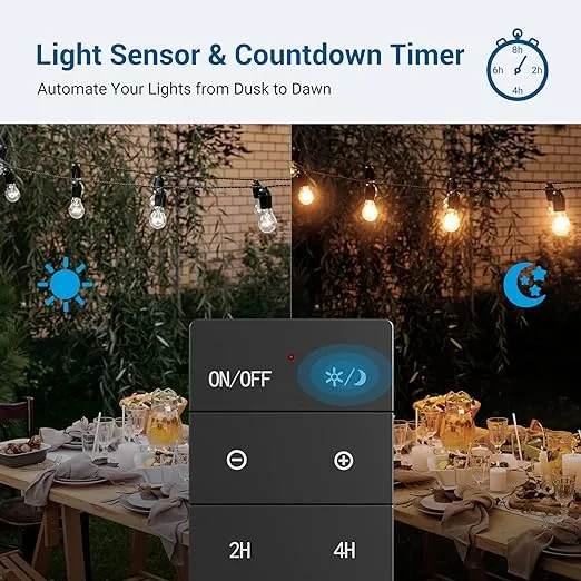 DEWENWILS Dusk to Dawn Dimmer, Outdoor Dimmer for String Light with Remote Dimmer Switch, 100 FT Wireless Remote Control Dimming Timer for Led Light or Lamp Patio Lights, FCC Certified