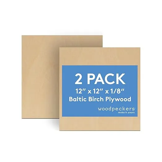 3 mm Baltic Birch Plywood 1/8 x 12 x 12 Inch, Box of 2 B/BB Grade Craft Wood, Stronger Than Basswood Sheets, for Laser, CNC Cutting and Wood Burning, by Woodpeckers