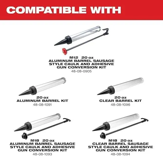 Caulking and Adhesive Guns, Caulking Gun for Milwaukee 2442-21 M12 20oz. Aluminum Barrel Sausage Style Caulk/Adhesive Gun Kit