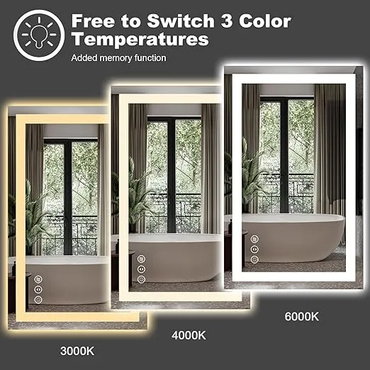 Amorho LED Bathroom Mirror 24"x 36" with Front and Backlight, Stepless Dimmable Wall Mirrors with Anti-Fog, Shatter-Proof, Memory, 3 Colors, Double LED Vanity Mirror(Horizontal/Vertical)