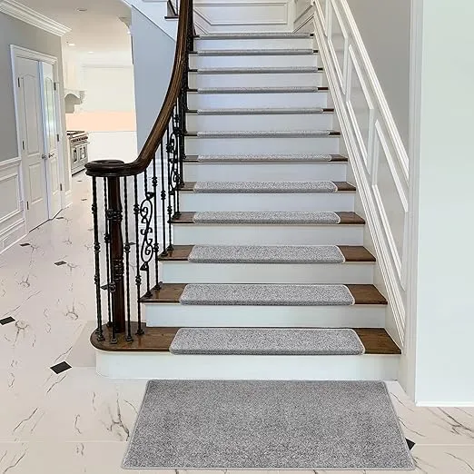 PURE ERA Bullnose Carpet Stair Treads Set Tape Free Non-Slip Indoor Stair Protectors Pet Friendly Rugs Covers Soft Skid Resistant Washable Reusable 9.5" x 30"(14 Pieces,Light Gray)