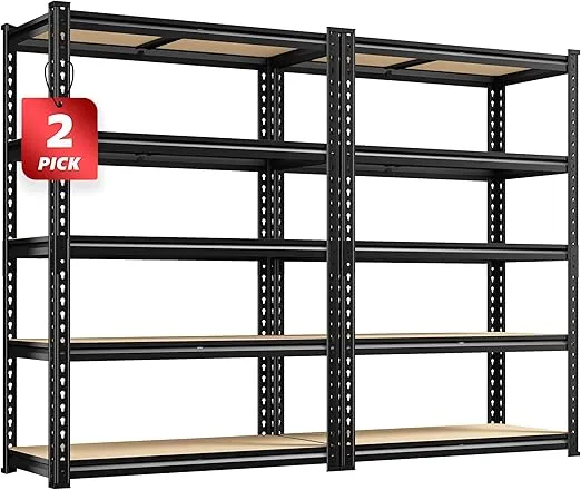 REIBII 5 Tier Storage Shelves 2 Packs Garage Shelving Heavy Duty Load 2000LBS， 60" H x 27.6" W x 11.8" D Adjustable Metal Shelving Unit, Utility Rack Shelf for Basement Pantry Shed Warehouse, Black