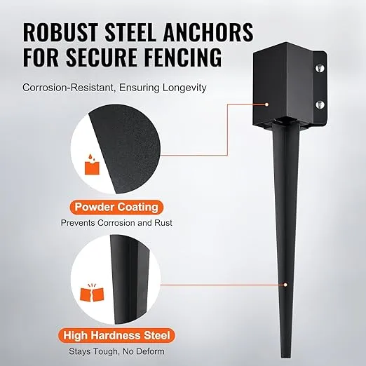 VEVOR Fence Post Anchor Ground Spike, 8 Pack 24 x 4 x 4 Inches Outer Diameter (Inner Diameter 3.5 x3.5 Inches), Metal Black Powder Coated Post Stake Ground, for Mailbox Deck Garden Railing