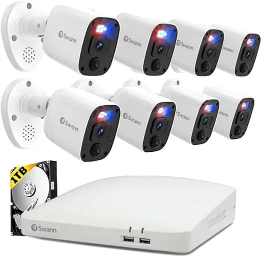 Swann Home DVR Security System with 1TB HDD, 8 Channel 8 Cam, 1080P HD Video, Indoor Outdoor Wired Surveillance CCTV, Color Night Vision, Heat Motion Detection, LED Lights, Sirens, 84680