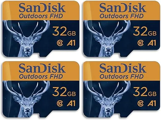 SanDisk 32GB 4-Pack Outdoors FHD microSDHC UHS-I Memory Card with SD Adapter (4x32GB) - Up to 100MB/s, Full HD, C10, A1, Trail Camera Micro SD Card - SDSQUNR-032G-GN4VV