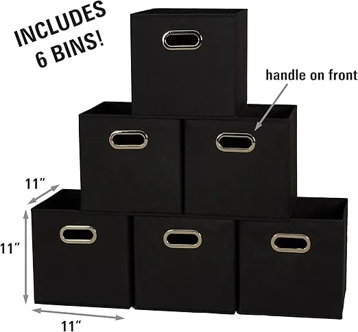 Household Essentials 80-1 Foldable Fabric Storage Bins | Set of 6 Cubby Cubes With Handles | Black