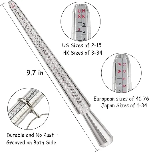 Accmor Ring Sizer Tool Including Ring Mandrel & Ring Sizer Guage, 4 Sizes Ring Measurement Stick Metal Mandrel & Finger Sizing Measuring Tool Set for Jewelry Making Measuring