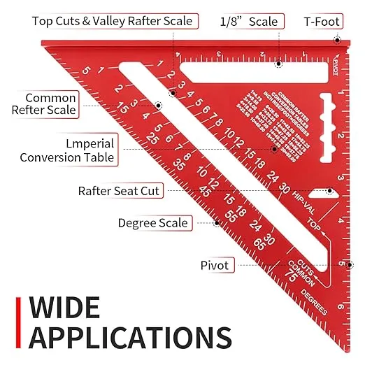 Rafter Square Carpenter 7-inch & 4-inch,Layout Tool Aluminum Alloy Metal Triangle Ruler Protractor Mensurement Tool for Woodworking and Carpentry,RED