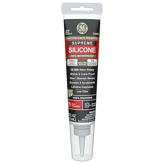 GE Supreme Silicone Caulk for Kitchen & Bathroom - 100% Waterproof Silicone Sealant, 7X Stronger Adhesion, Shrink & Crack Proof - 2.8 fl oz Tube, Clear, 1 Pack